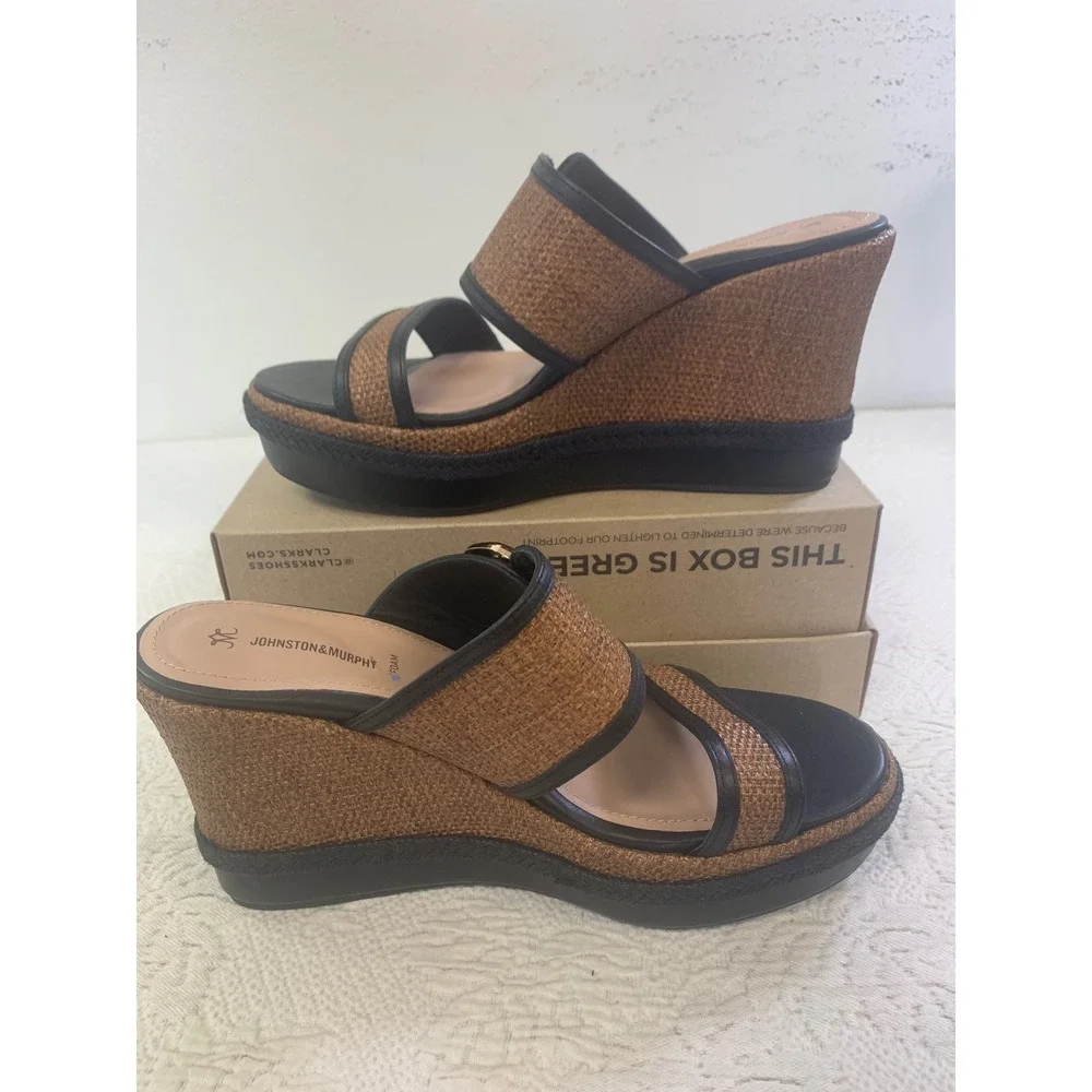 Johnston & Murphy Addison Buckle Platform Wedge Slide Sandals Cognac Raffia 10M